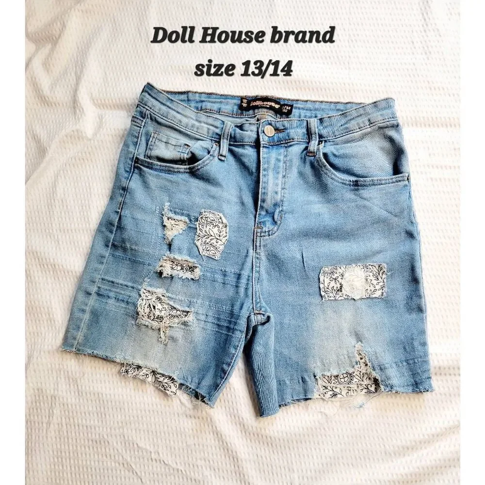 Boho Hippie Reworked denim jean shorts 13/14 dollhouse repurposed distressed